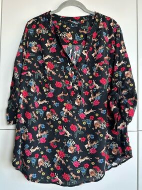 Torrid Harper Blouse Novelty Woodland Animal Print Roses Size 0 (Large) Black